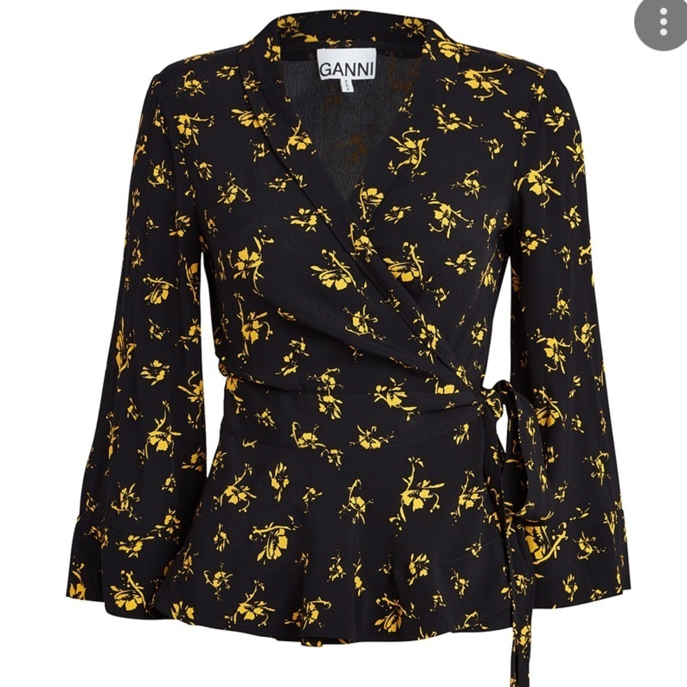 Ganni Floral Black and Yellow Wrap Top | Sz 32/S